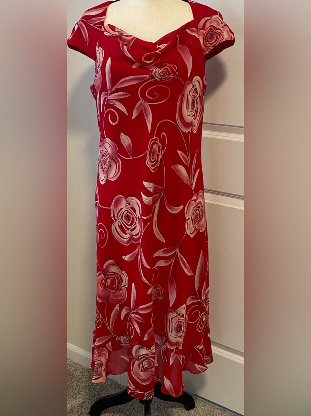 Vintage I.V.Y. red pink rose floral print midi dress cap sleeve flounce hem 14
